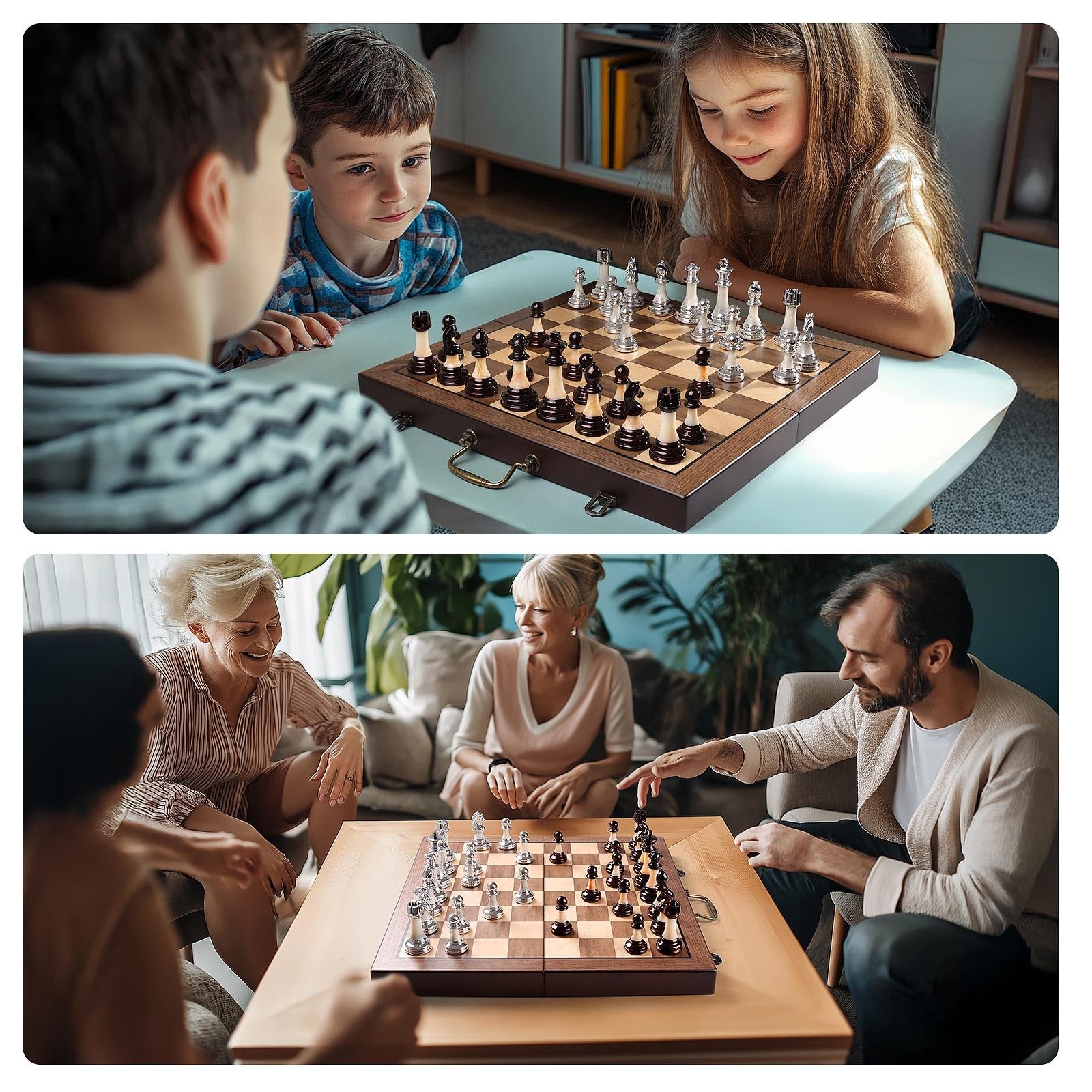 Deluxe Chess Set 16.5” Wooden Large Folding 16.54*16.54*1.5 inches, Brown