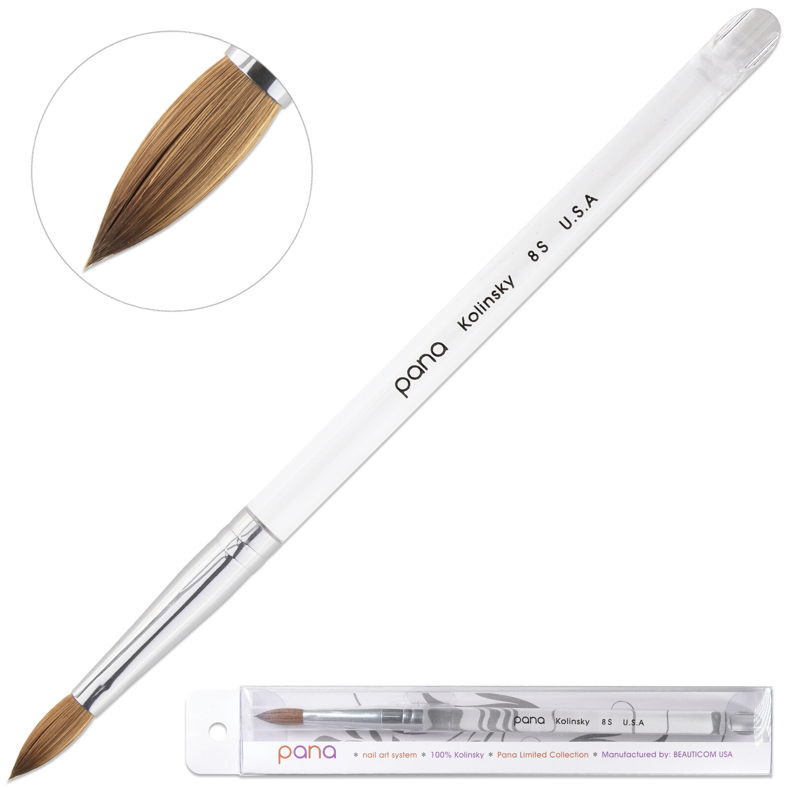PANA Finest 100% Pure Kolinsky Nail Art Brush with Oval Acrylic Handle Size 8