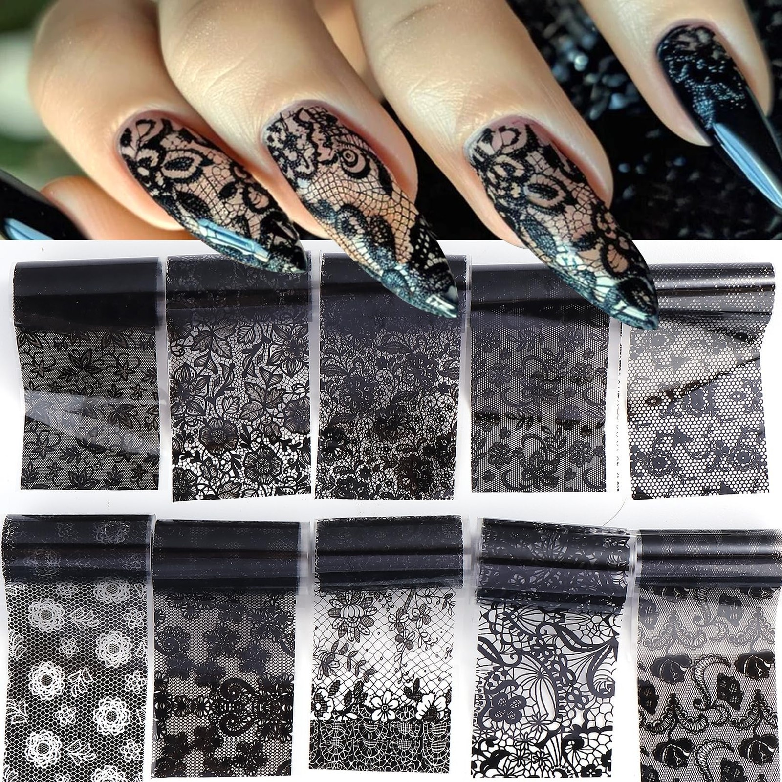 Lace Nail Transfer Foil Stickers 50PCS Black White Flower Lace Nail Foils Line