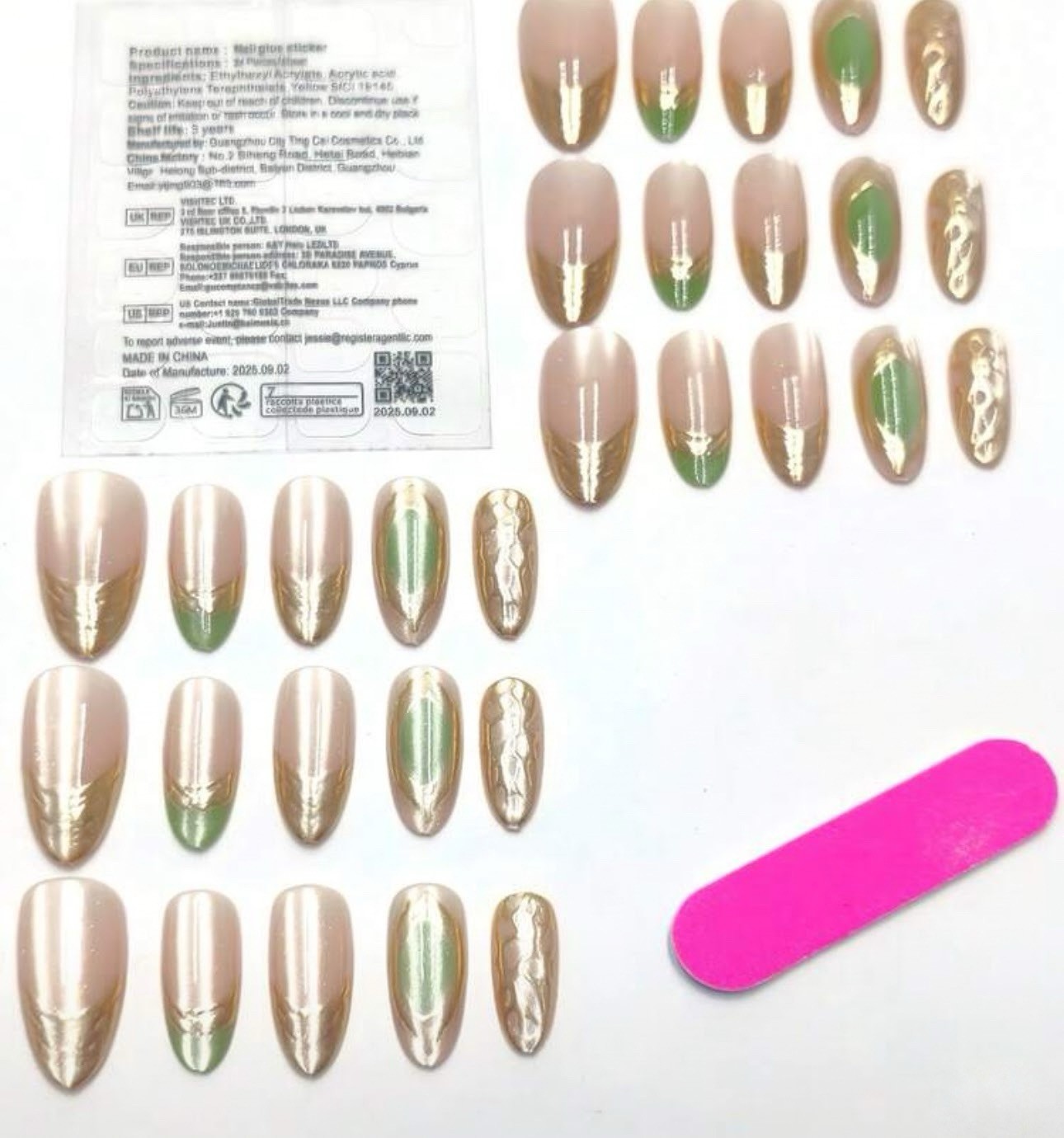 Reusable Long Almond Acrylic Press-On Nails Nude Green Gold 3D Marble