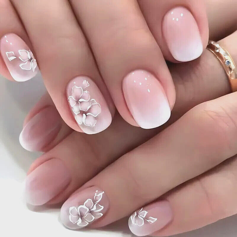 24Pcs/set Glossy Short Oval Press On Nails White And Pinkish Gradient Flower