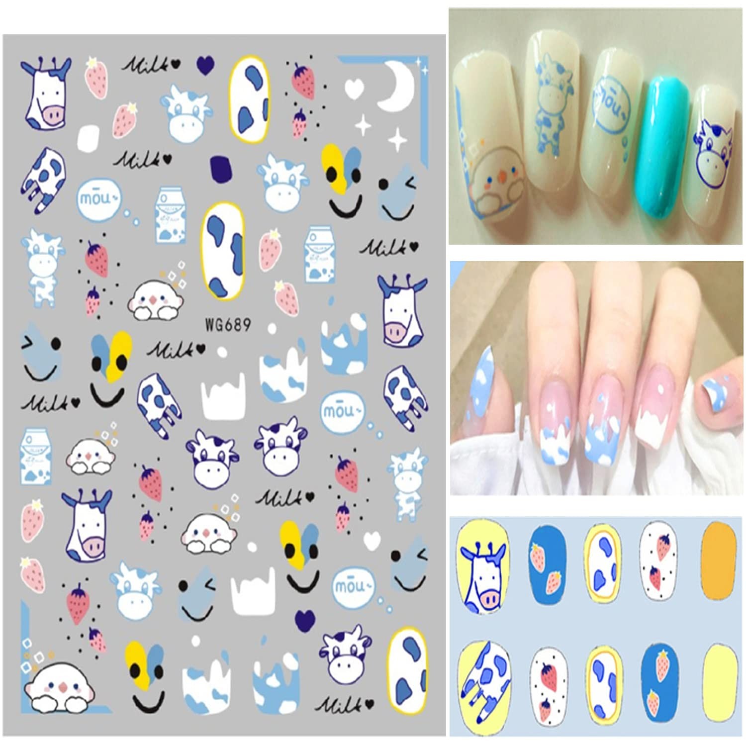 Cute Cow Nail Art Stickers, Cartoon Cow Nail Decals 3D -Adhesive Nail Sticker…