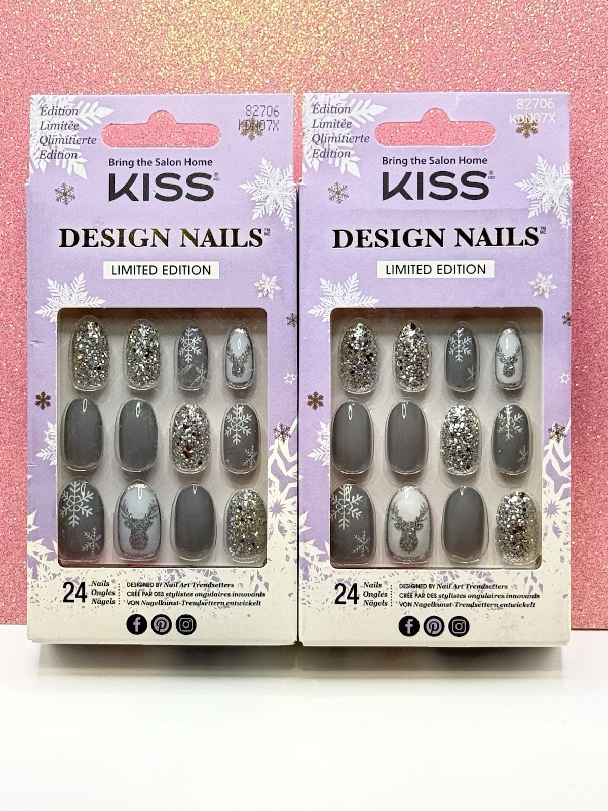 Kiss Design Nails Press-On Nails Medium Oval Glitter Reindeer 82706 Lot Of 2