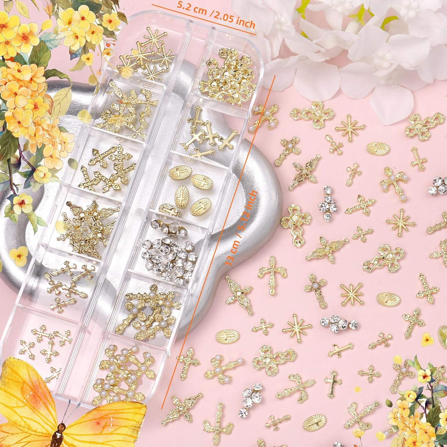 60 Pcs Gold Coss Nail Charms, 12 Styles 3D Cross Gold Nail Charms Crosses Star N