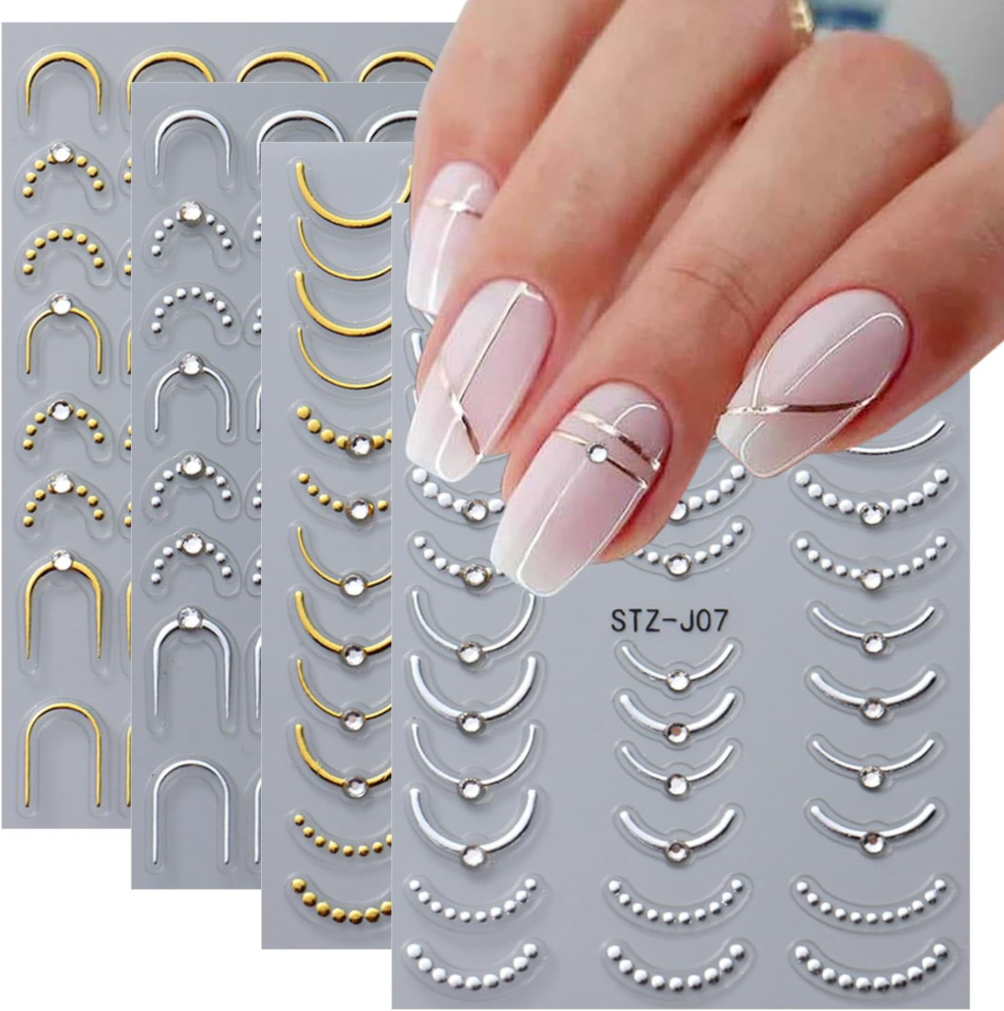 4 Sheets French Tip Nail Stickers 3D Self-Adhesive Gold Sliver Lines Nail Art