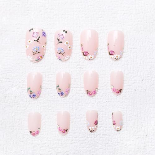 Colorful Flowers Press on Nails Short Almond Shaped Fake Nails Designs Style 8