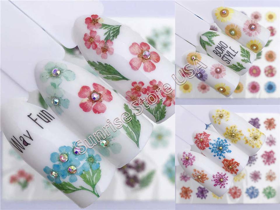 Nail Art Water Transfer Sticker Multi Color Flower Leaves Floral Daisy Manicure