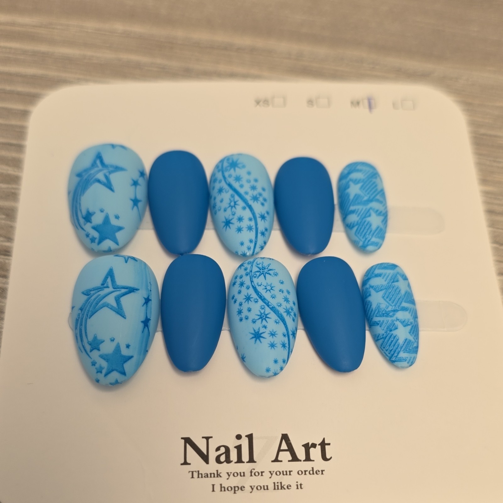 Blue Light Blue Matte Star Medium Almond Press-On Nails Set Full Cover