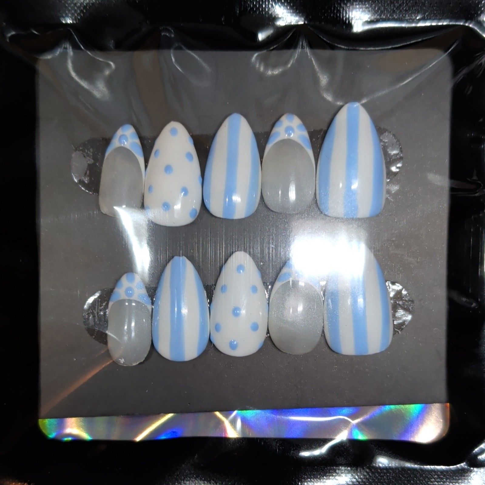 10 Piece Medium Almond Press-On Nails, Full Cover Shiny Blue White Polka!