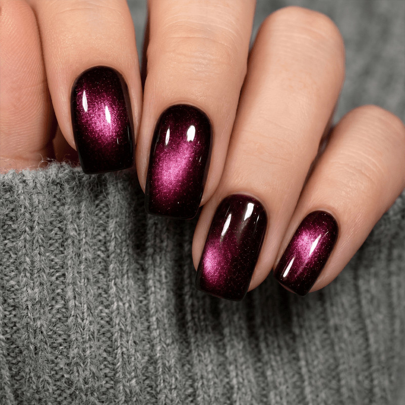 48 Pcs Burgundy Cat Eye Short Square Press on Nails, Vintage Dark Fake Nails