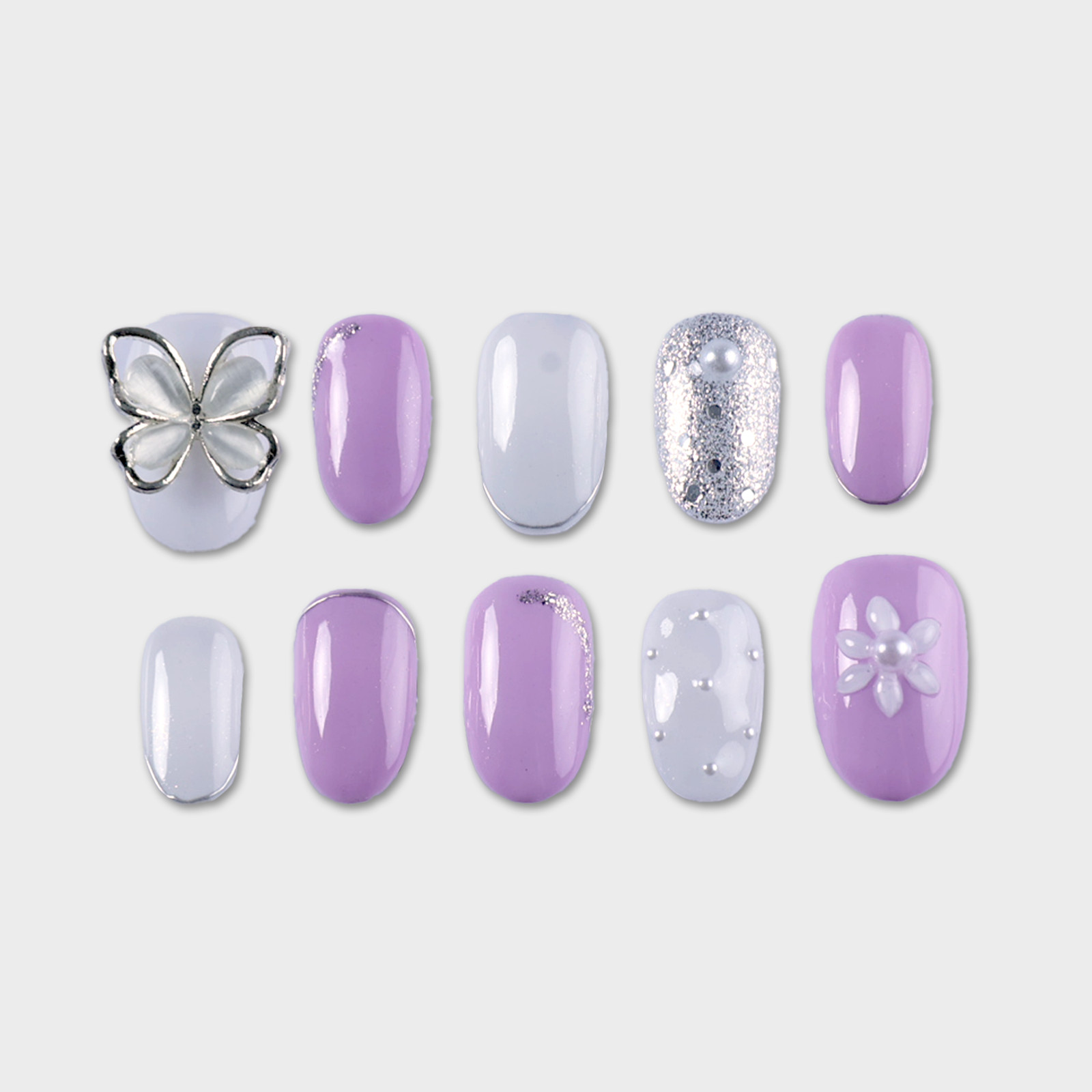SIYOU Violet Butterfly Short Oval Glitter Pearl Press-On Nails 10pc