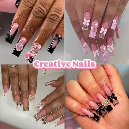 Gold Bow Nail Charms Kit, Cute Pink Flowers Bows 3D Nail Charms for Nails 01