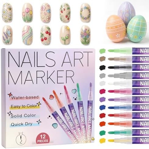 12 Colors Nail Art Pens Set, 0.7mm 3D Nail Polish Pens, Quick Dry, Long Lasting