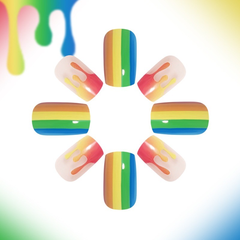 48pcs-Rainbow Drip Press on Nails, Short Square Gradient Pride Fake Nails