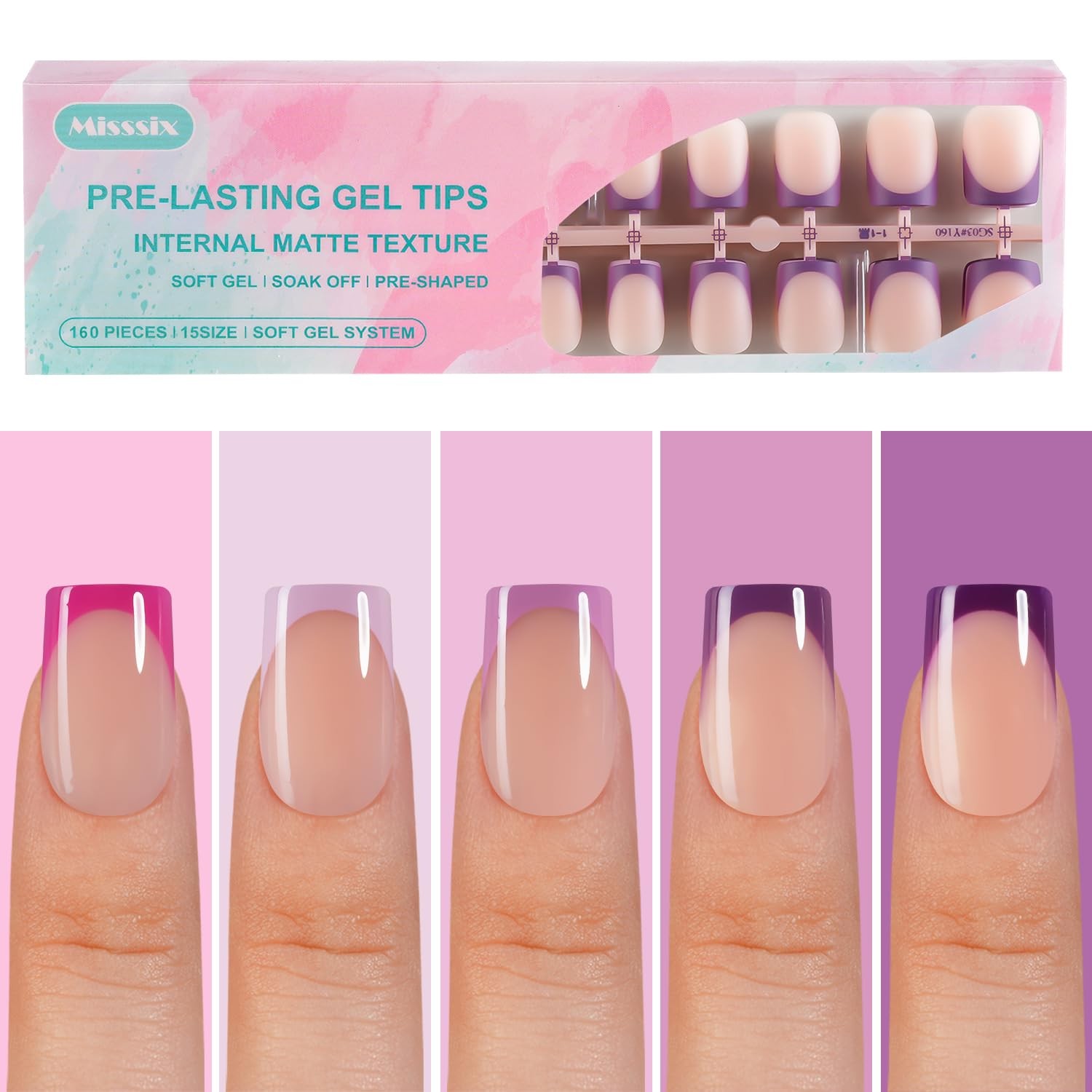 Misssix Purple French Tip Press on Nails, 160Pcs, Short Square Fake Nails