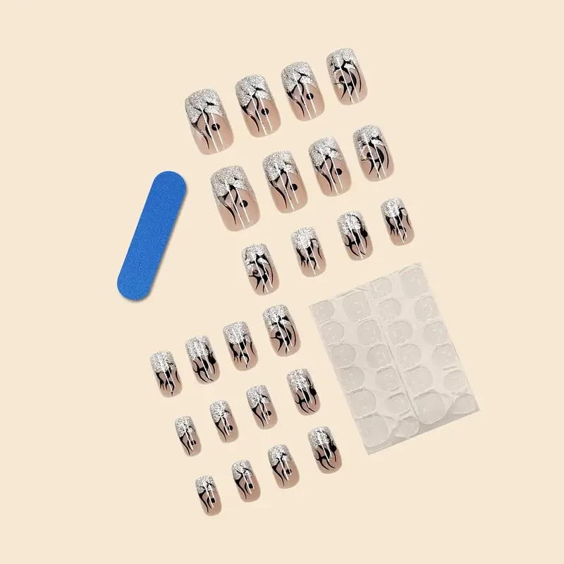 Long Square Press-On Jelly Nails 24 pcs Set French Flames Glitter Size Medium