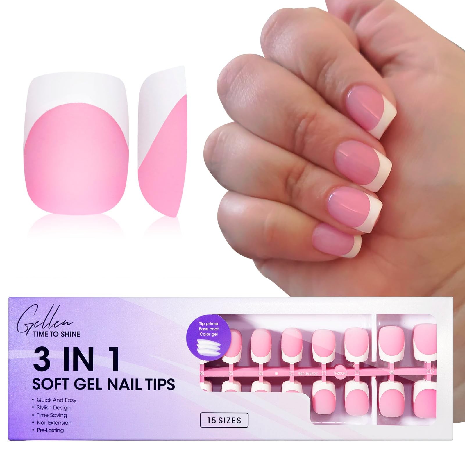 Gellen Pink French Tip Press on Nails – 150 pcs Pink Square Short Press on Na…