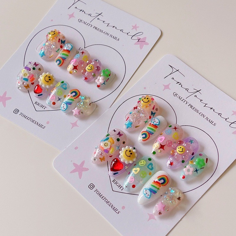 Custom Pure Handmade Nails Glitter Rainbow Flower Heart Cute Girls Manicure
