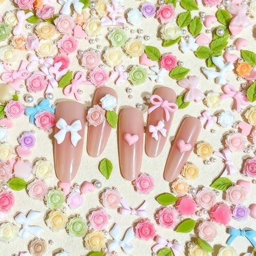 600pcs 3D Camellias Flower Nail Charms Nail Rhinestones with Pearls Rose Flower
