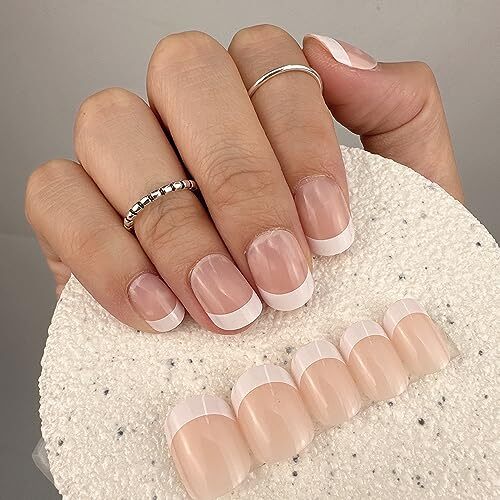Press on Short Square Acrylic Fake Nails with Apricot Design French Natural