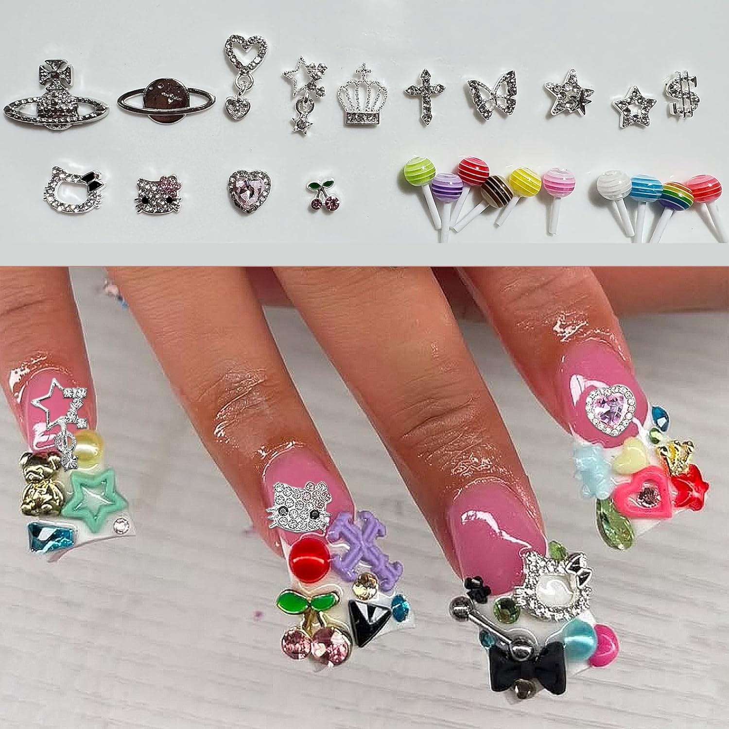 Vibrant 80Pcs Silver Nail Charms with Butterflies & Cherries for Unique Nail Art