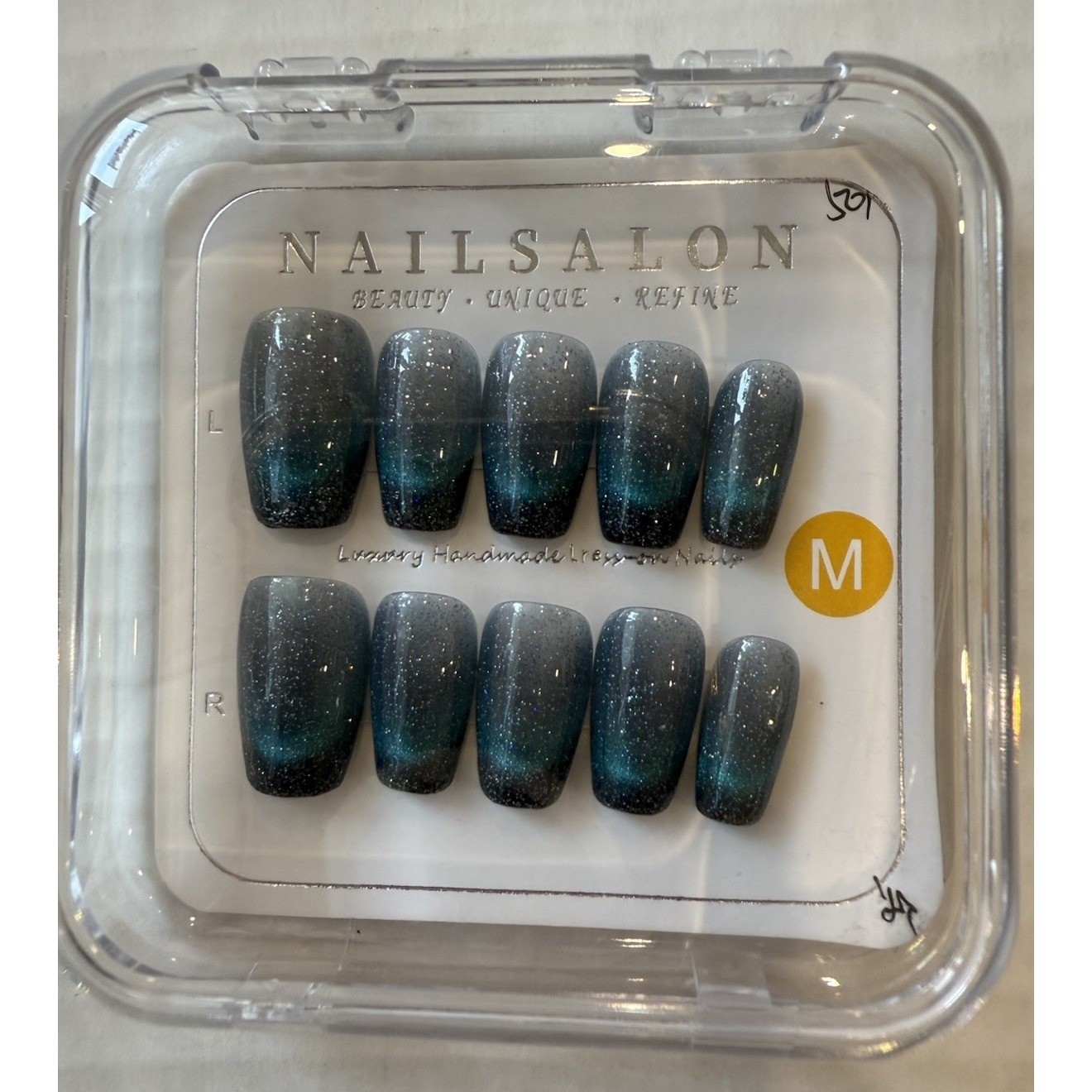 Nailsalon Cat Eye Press On Nails Medium Coffin Glitter Ombre Blue Black 10 Nails