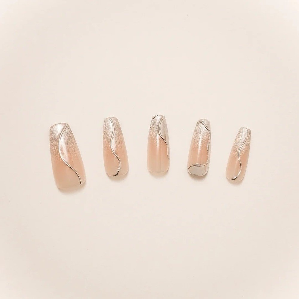 Nail Reformation 30pc Press On Nails Coffin French Tip Silver Swirl