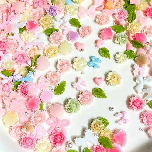 600pcs 3D Camellias Flower Nail Charms Nail Rhinestones with Pearls Rose Flower
