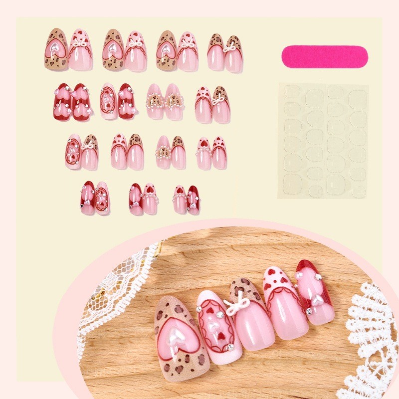 60pcs Stiletto Press on Nails, Red Leopard Heart Pearl Bow Valentines Nails