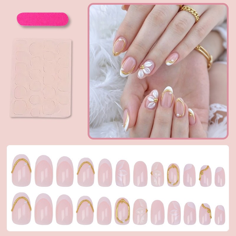 48 Pcs White Floral Gold Line Oval Press on Nails, Elegant Daily Nude Fake Nails