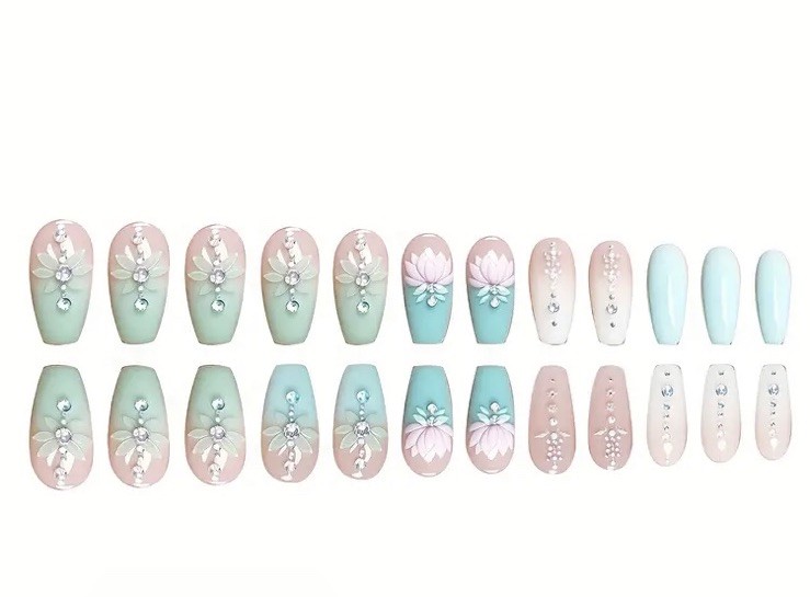24pcs Water Lily Blue Pink Floral Nail Tips Boxed Glue & Tabs Princess Gradient