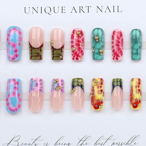 24Pcs Colorful Summer Press On Nails Medium Square, Y2K Leopard Print Fake