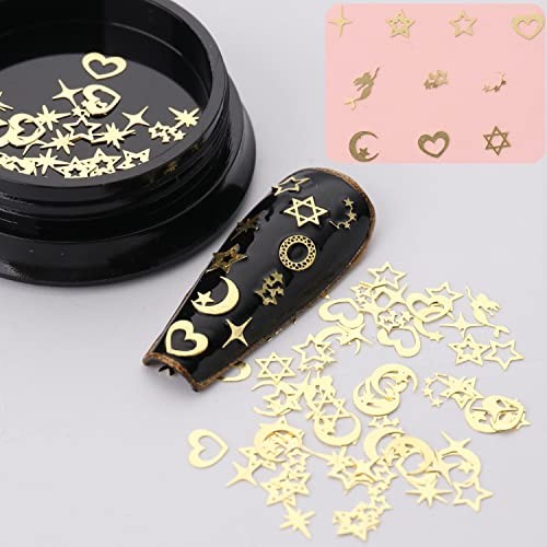Gold Metal Nail Studs – 3D Glitter Flakes Decorations Set, Flowers Leaf