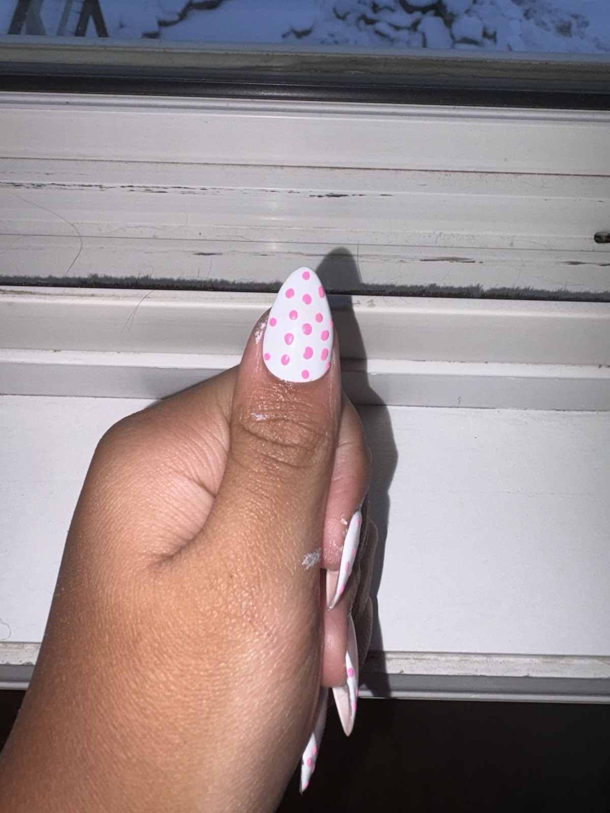 Medium Almond Nails With Pink And White Pink Pokeadot And A White Base