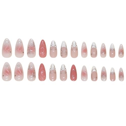 24Pcs Pink Press on Nails Medium Almond Fake Nails 3D Silver Bow Fake Nails-6