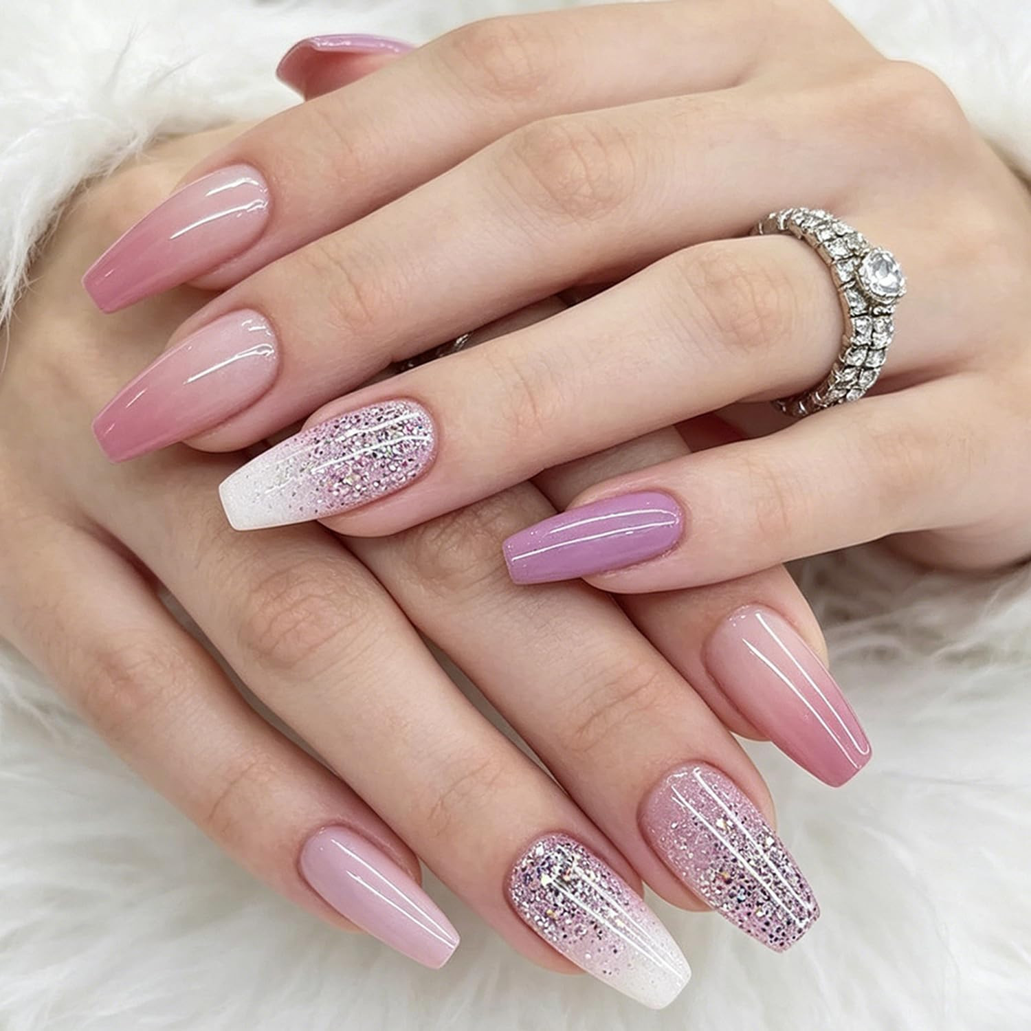 Summer Press on Nails Medium Coffin Fake Nails Summer Ocean False Nail with Star