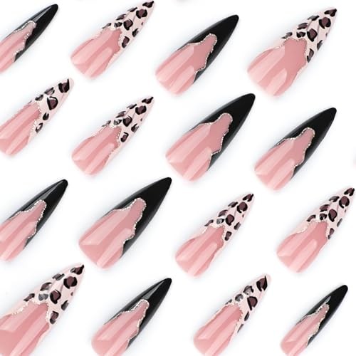 Press on Nails Long Stiletto Fake Nails Black Leopard Print French E-42Black