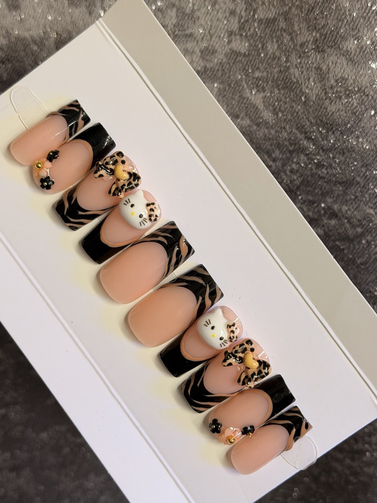 ✨ CUSTOM Press On Nails FRENCH BLACK HELLO KITTY BLING Flower 10p SET W Kit