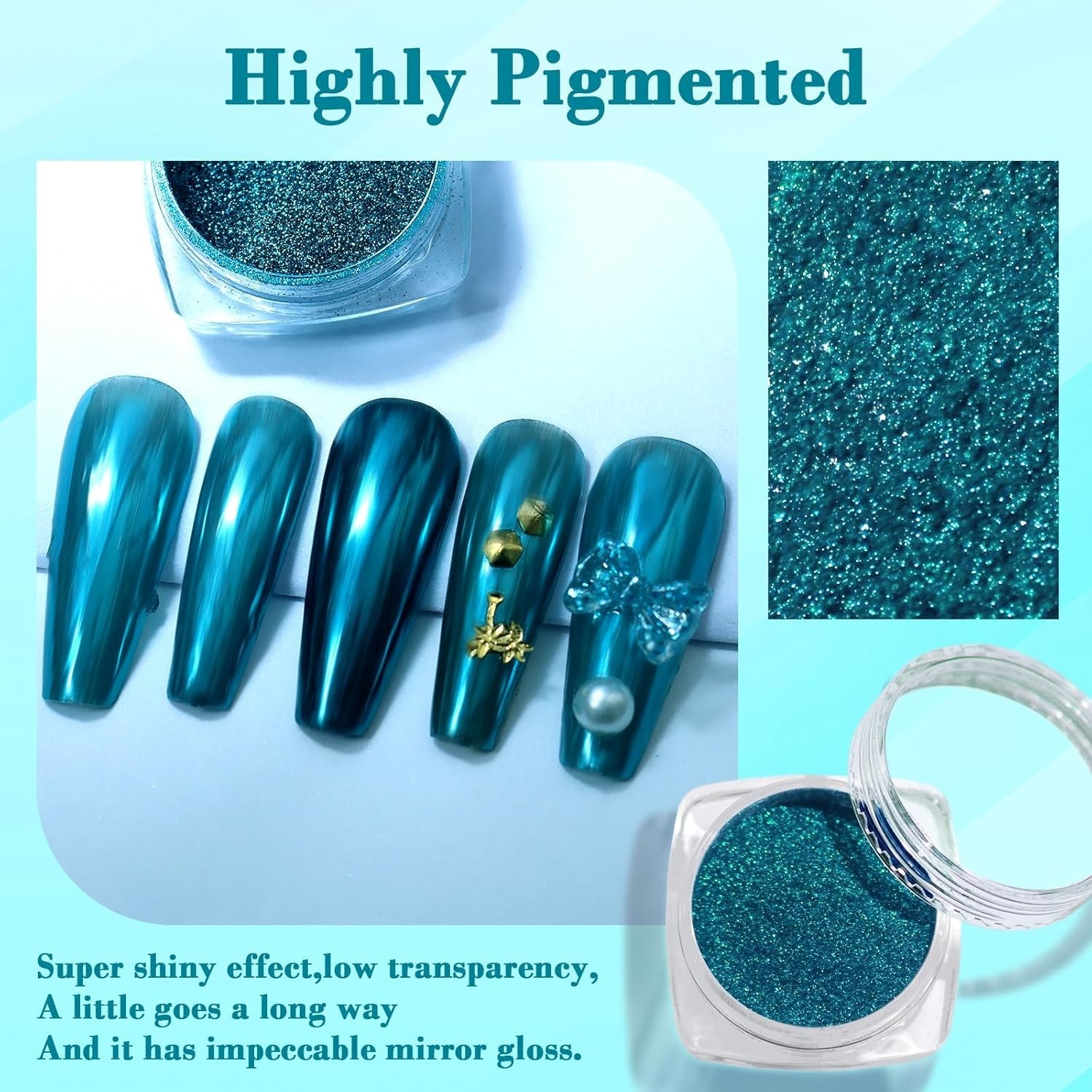High-Pigmented Lake Blue Chrome Nail Powder with Eyeshadow Stick for Easy Art
