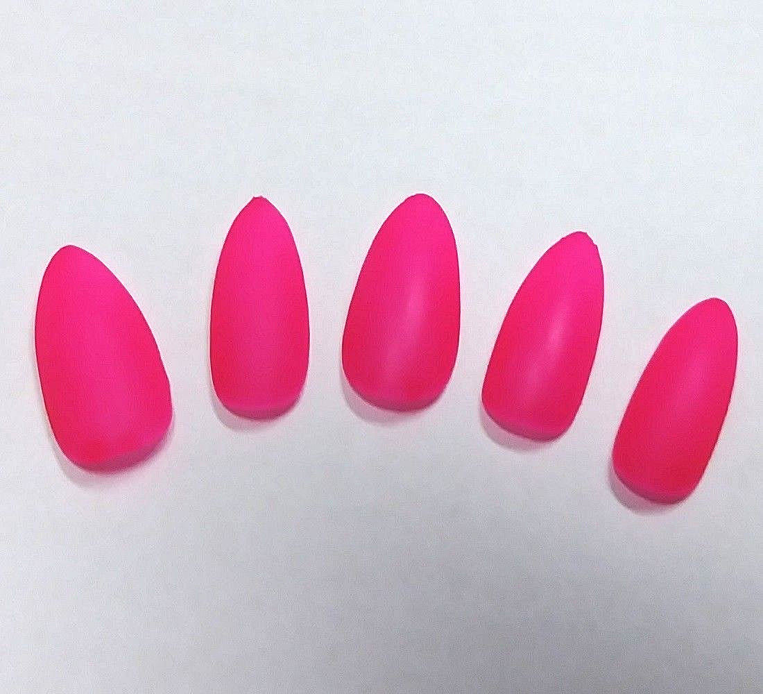 Matte or Glossy Neon Pink Almond Press On Nails Set Fluorescent Handmade