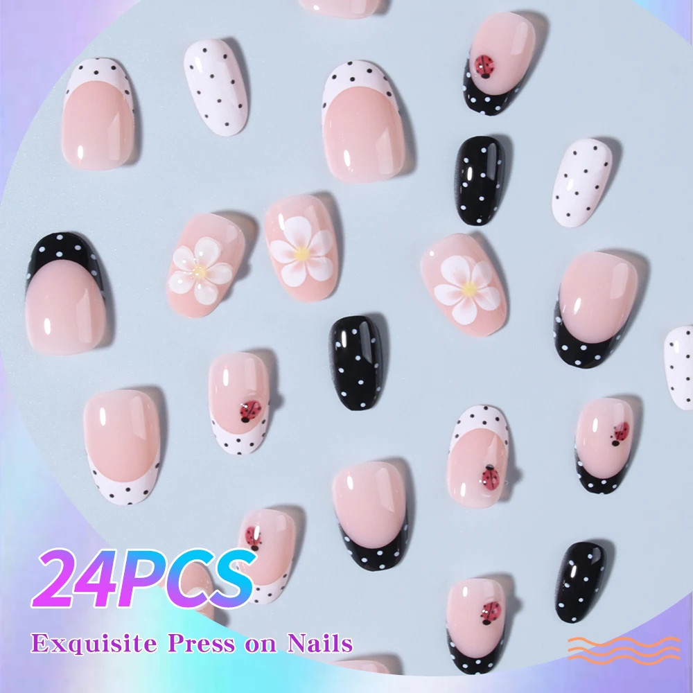 24Pcs Set French Tip Press On Nails Short Oval 3D Gel Flower Ladybug Polka Dot