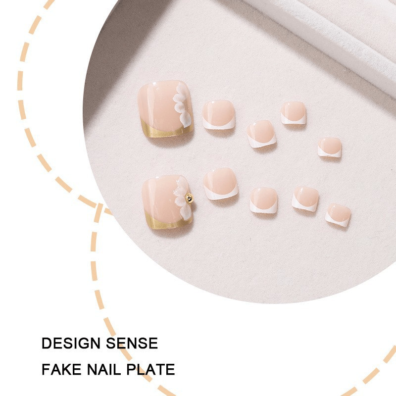 48Pcs-Short Square Nude White French Thin Gold Line Flower Toe Press on Nails