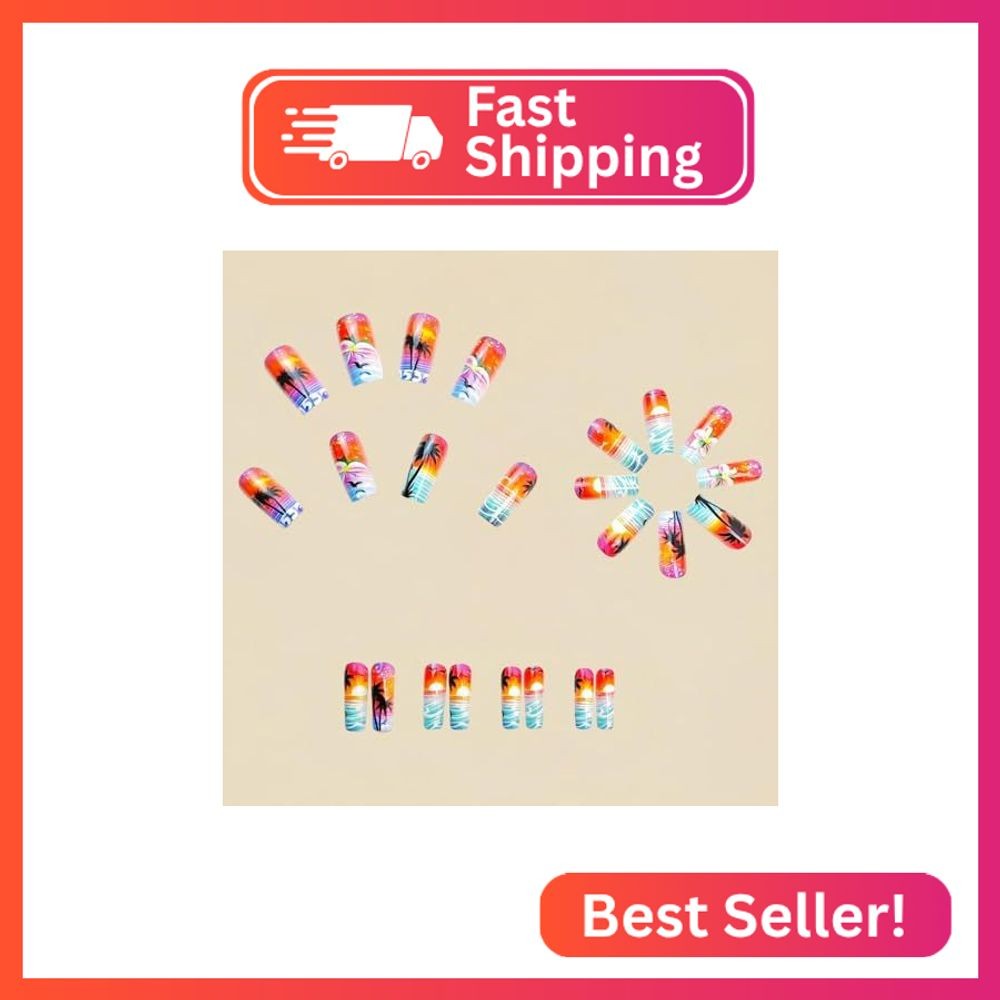 Summer Press on Nails Medium Square Stick on Nails – Coconut Palms Seawave Desig