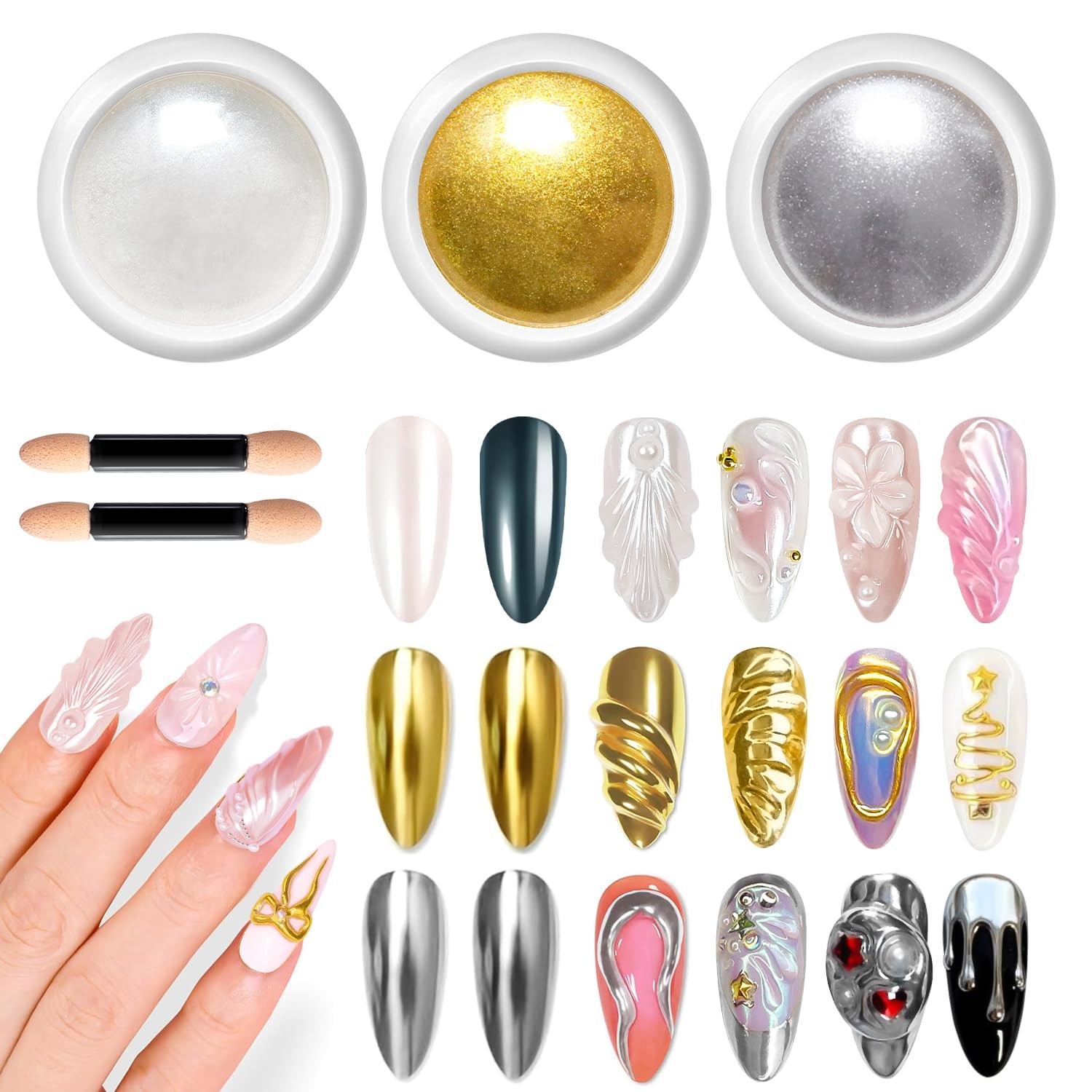 Gold Chrome Nail Powder – Metallic Mirror Effect Nail Chrome Powders Silver C…