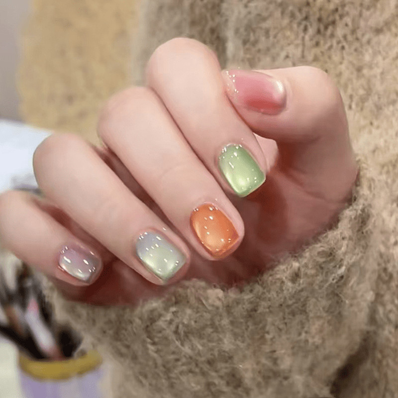 60pcs Short Square Press on Nails, Multicolor Gradient Cat Eye Glitter Nail Art