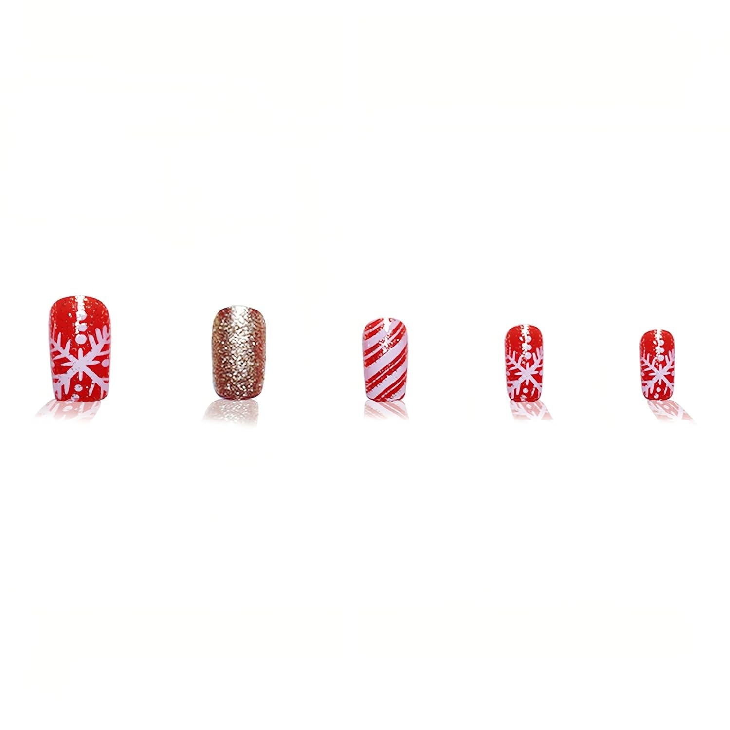 24Pcs Christmas Snowflake Press on Nails Short Square Fake Nails with Candy D…