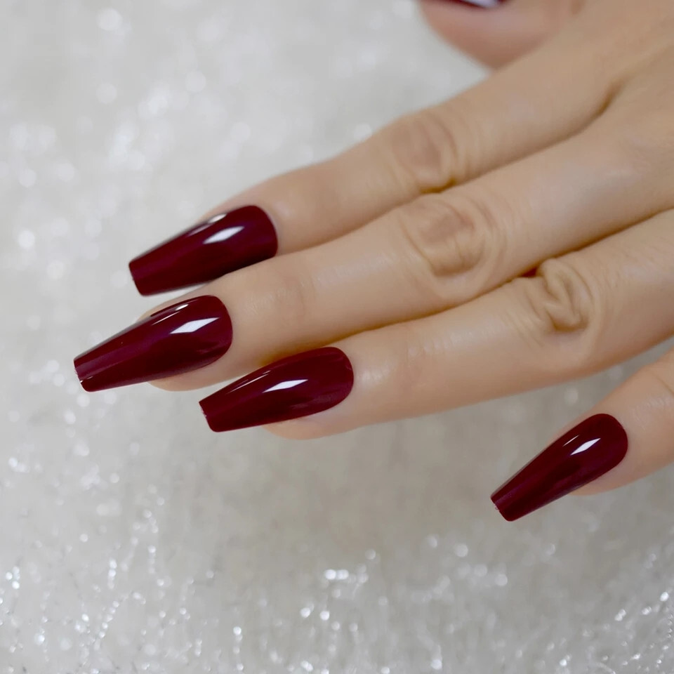 24 Press on nails kit w glue Long Coffin Maroon burgundy dark red