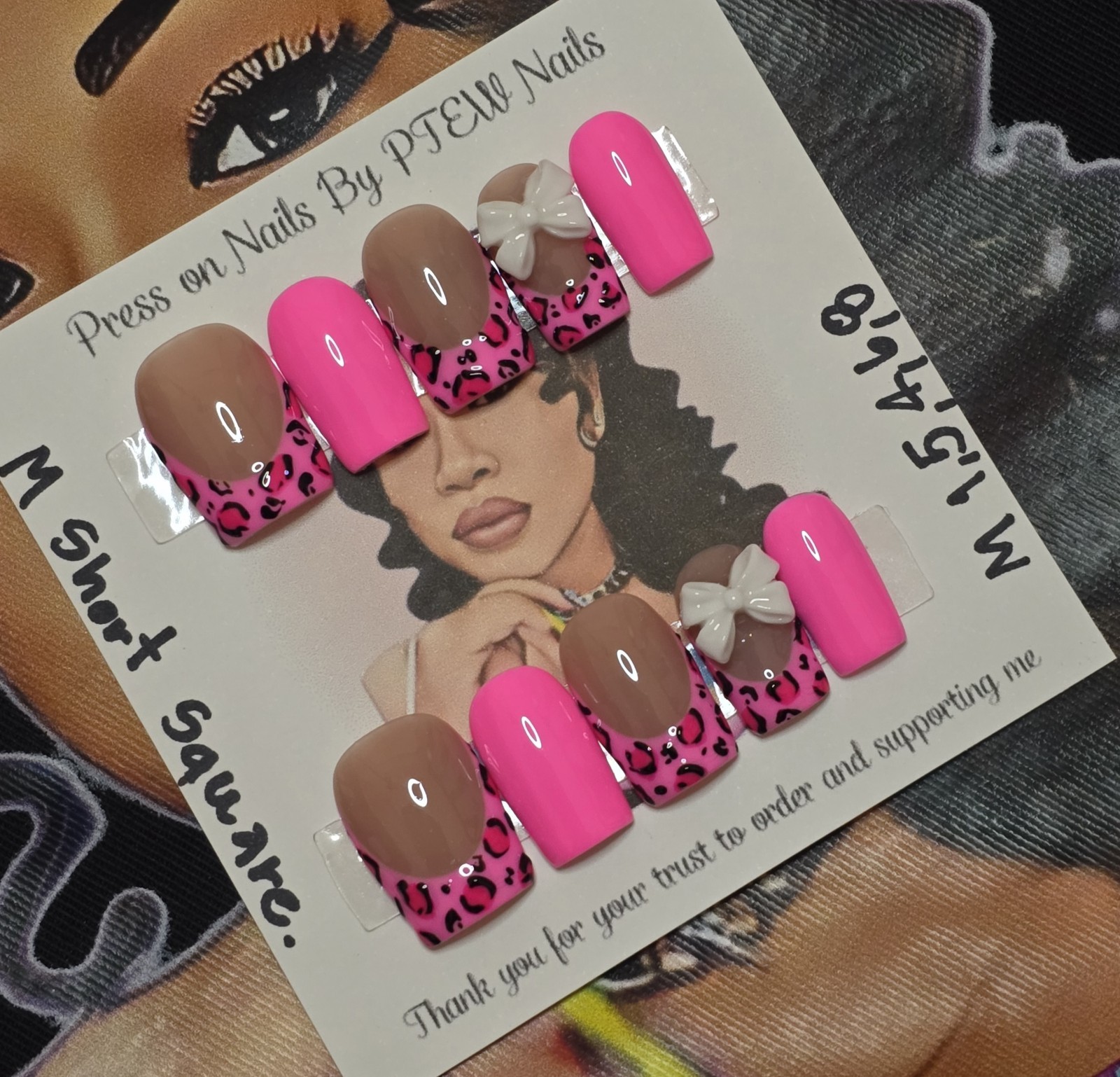 Handmade Press On Nails, Pink Cheetah , Medium Size 1,5,4,6,8 M Short Square