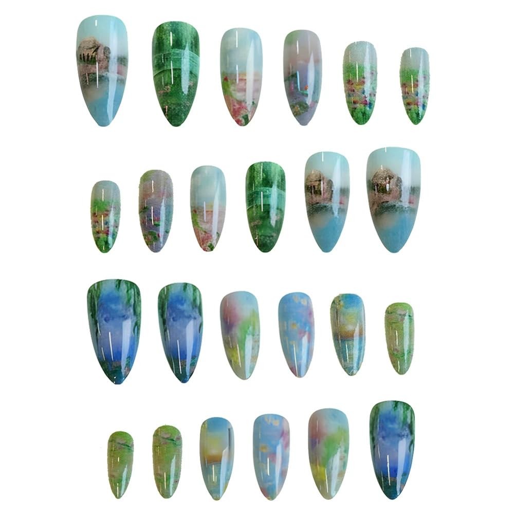 Painting Style Press on Nails Almond Fake Nails Medium False Nails with Flowe…