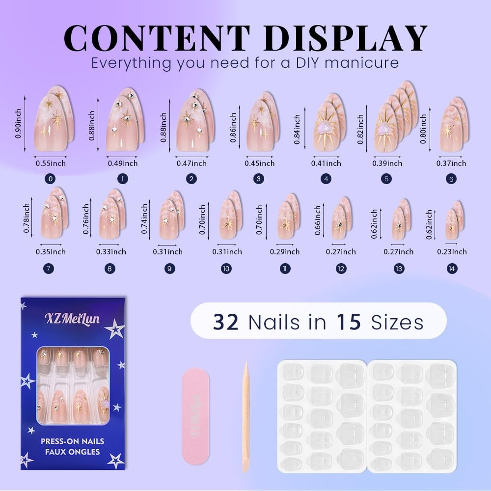 XZMeiLun 3D Boho Stars Gold Press On Nails 30 Pieces (Pack of 1), Q-1029